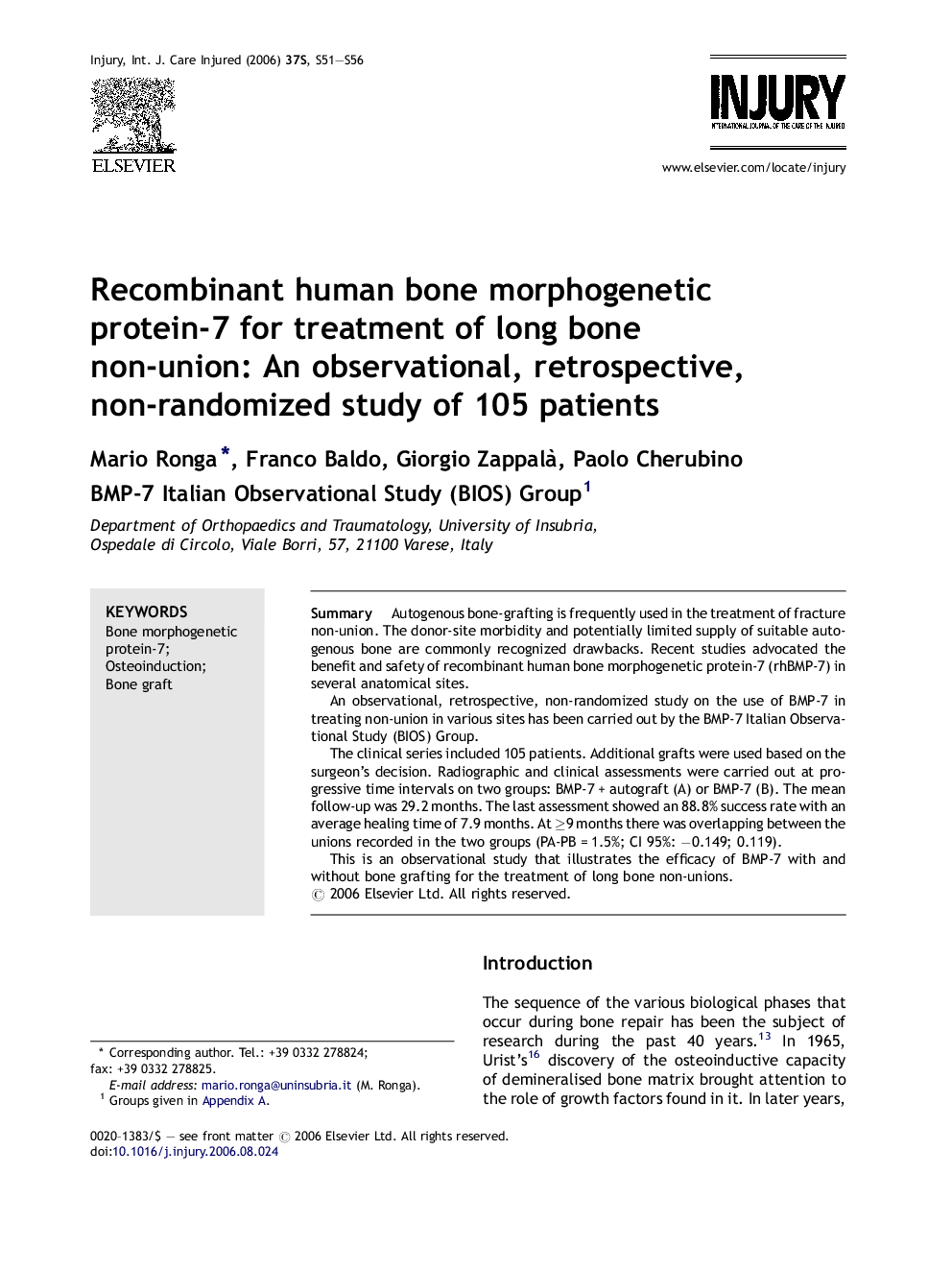 Recombinant human bone morphogenetic protein-7 for treatment of long bone non-union: An observational, retrospective, non-randomized study of 105 patients