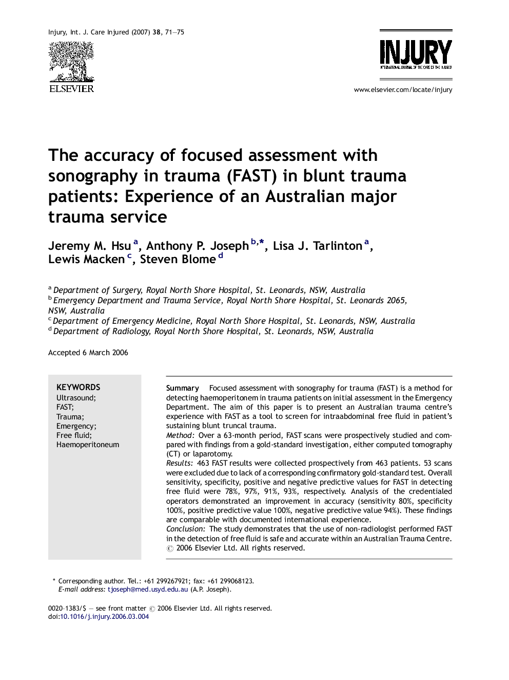 عکس صفحه اول مقاله: The accuracy of focused assessment with sonography in trauma (FAST) in blunt trauma patients: Experience of an Australian major trauma service The accuracy of focused assessment with sonography in trauma (FAST) in blunt trauma patients: Experience of an Australian major trauma service