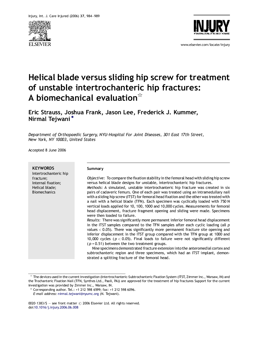 Helical blade versus sliding hip screw for treatment of unstable intertrochanteric hip fractures: A biomechanical evaluation 