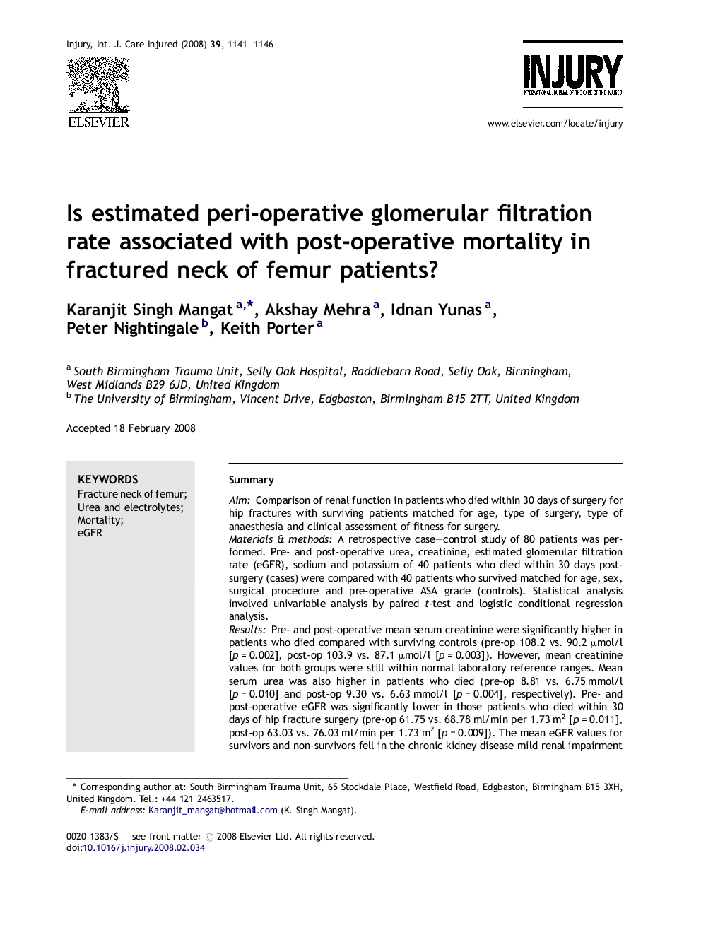 Is estimated peri-operative glomerular filtration rate associated with post-operative mortality in fractured neck of femur patients?