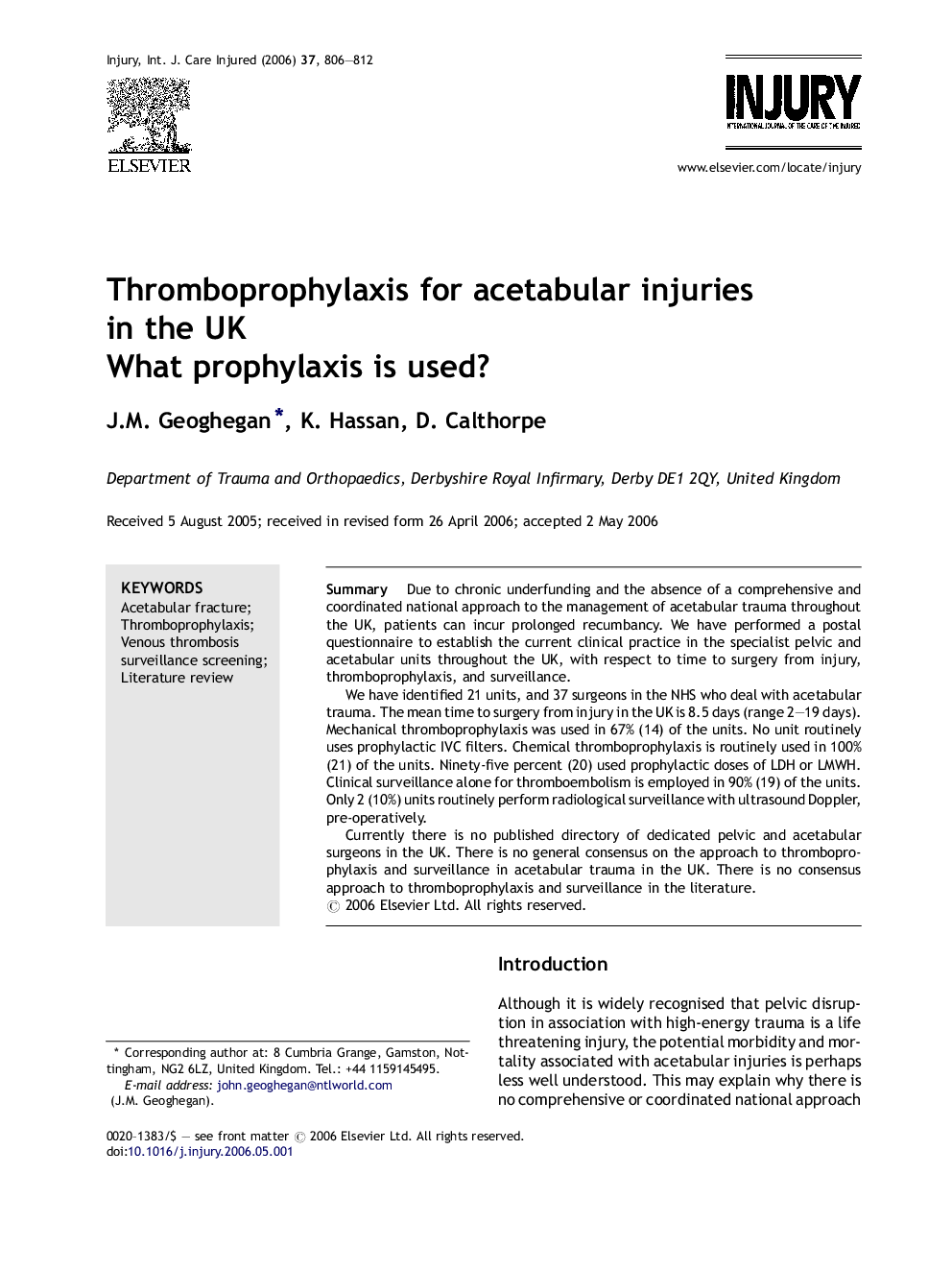 Thromboprophylaxis for acetabular injuries in the UK: What prophylaxis is used?