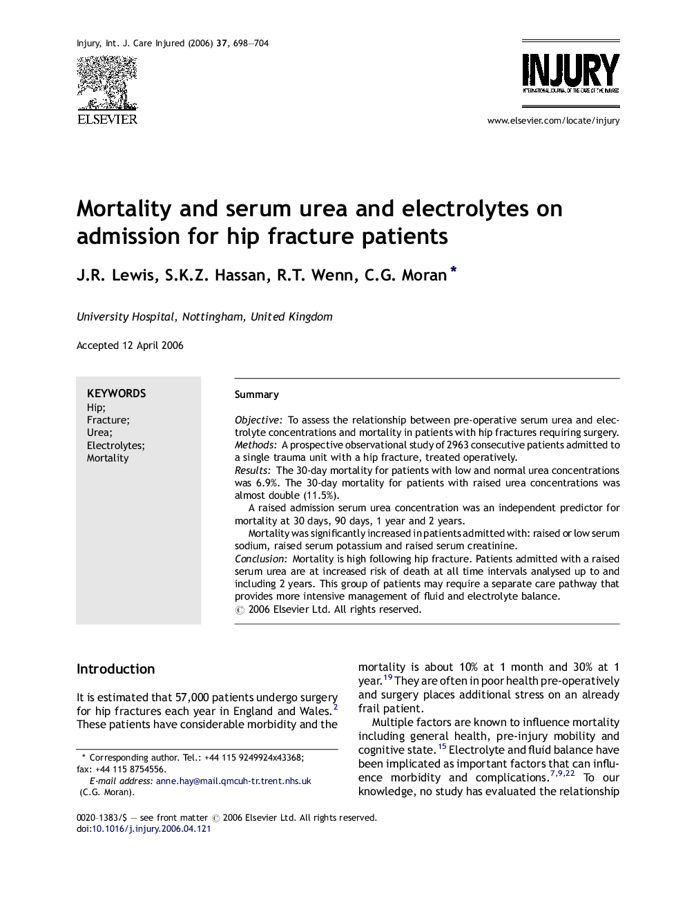 Mortality and serum urea and electrolytes on admission for hip fracture patients