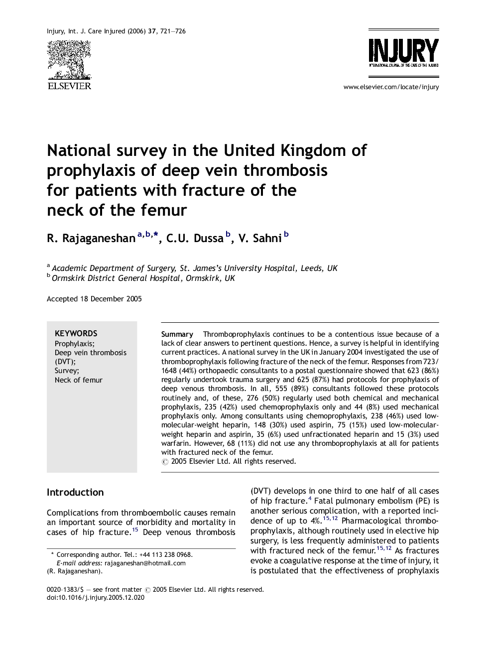 National survey in the United Kingdom of prophylaxis of deep vein thrombosis for patients with fracture of the neck of the femur