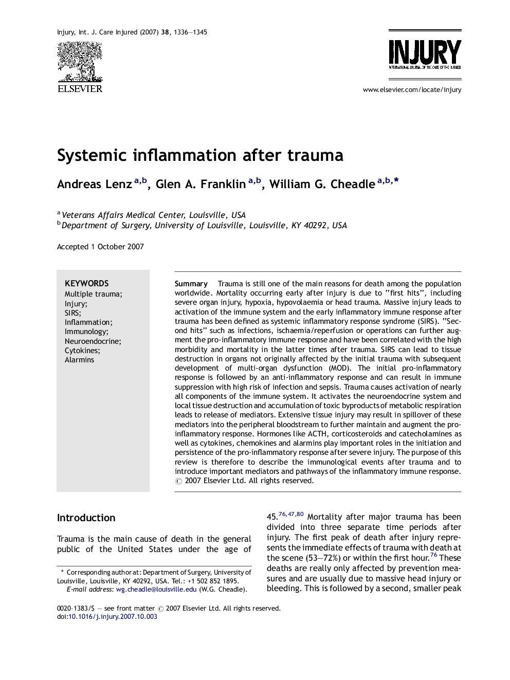 Systemic inflammation after trauma