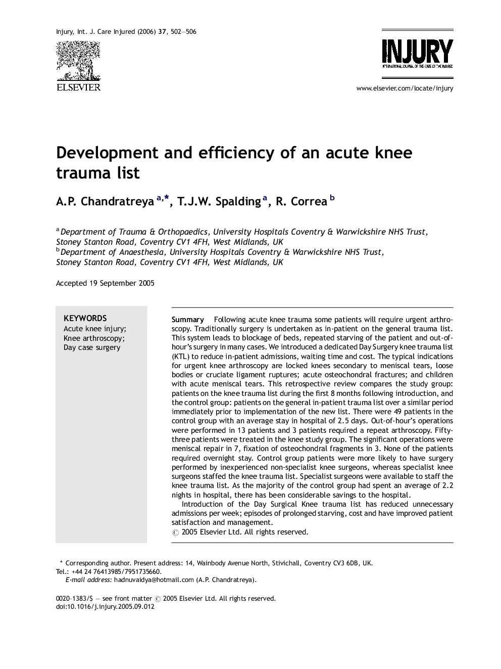 Development and efficiency of an acute knee trauma list