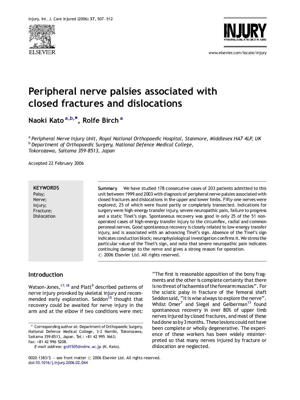 Peripheral nerve palsies associated with closed fractures and dislocations