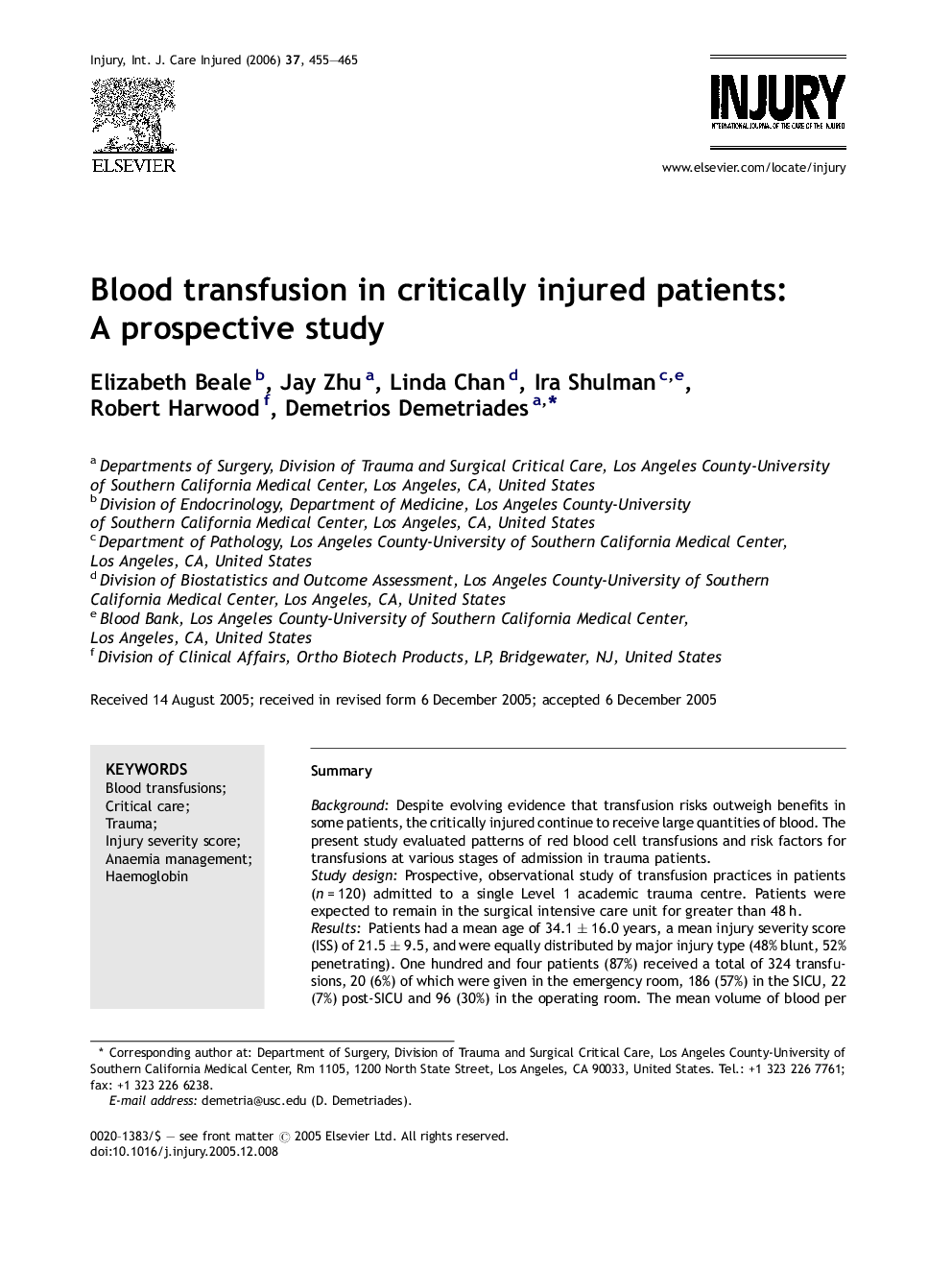 Blood transfusion in critically injured patients: A prospective study