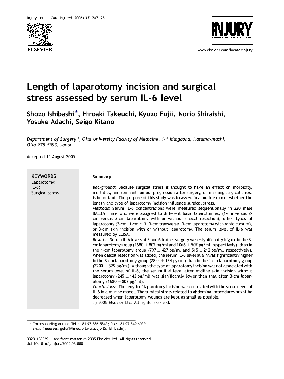 Length of laparotomy incision and surgical stress assessed by serum IL-6 level