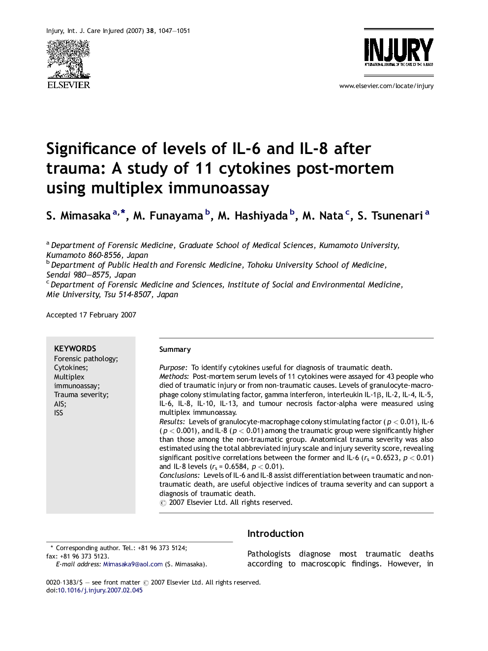 Significance of levels of IL-6 and IL-8 after trauma: A study of 11 cytokines post-mortem using multiplex immunoassay