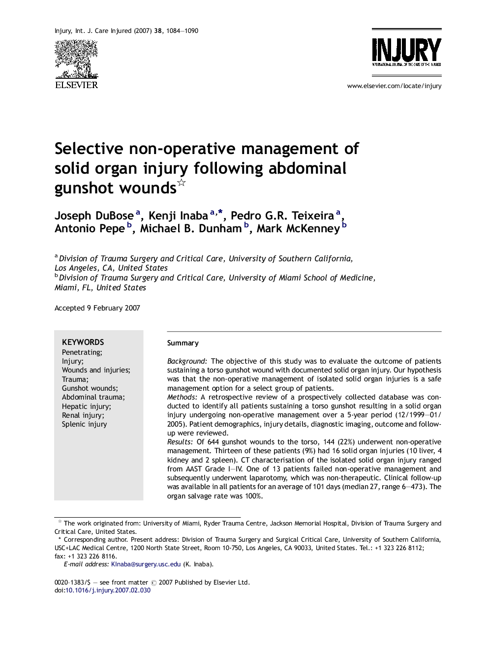 Selective non-operative management of solid organ injury following abdominal gunshot wounds 
