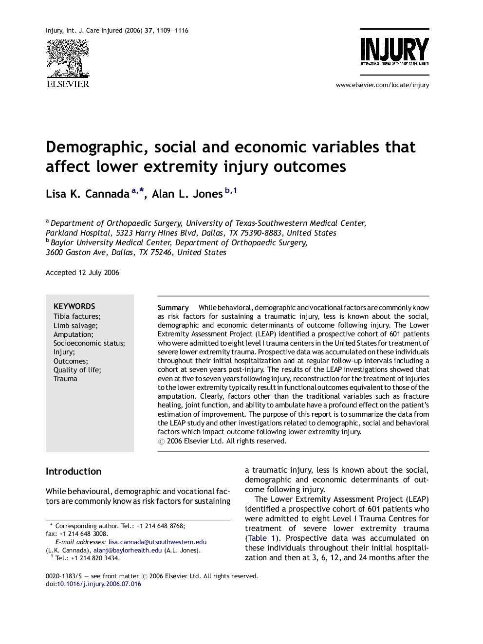 Demographic, social and economic variables that affect lower extremity injury outcomes