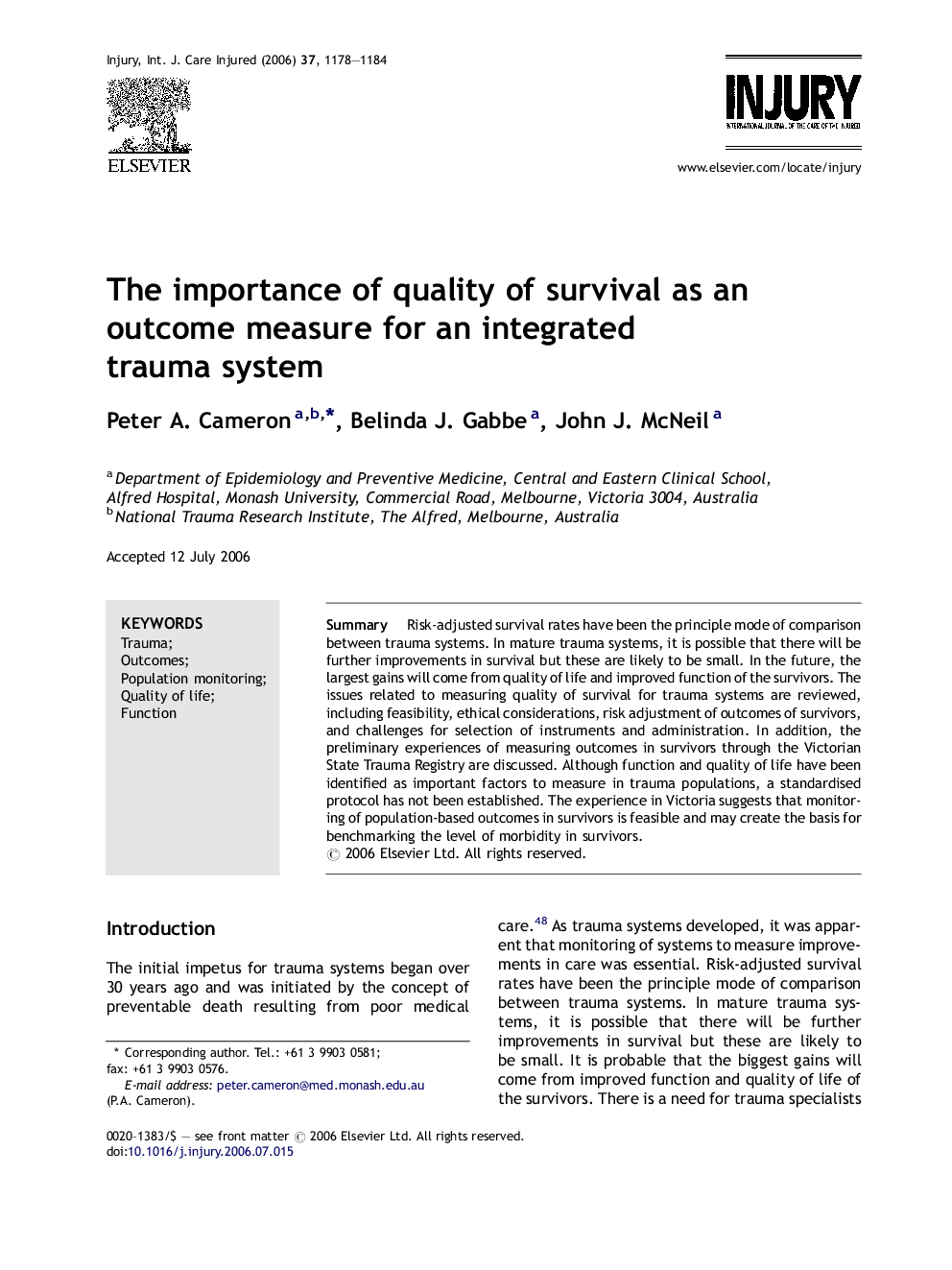 The importance of quality of survival as an outcome measure for an integrated trauma system