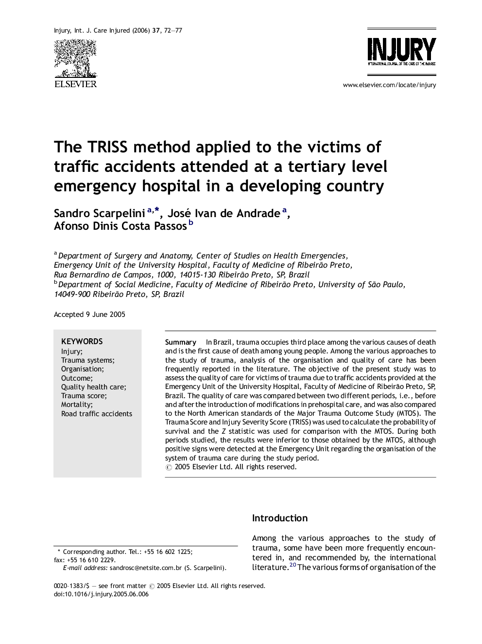 The TRISS method applied to the victims of traffic accidents attended at a tertiary level emergency hospital in a developing country