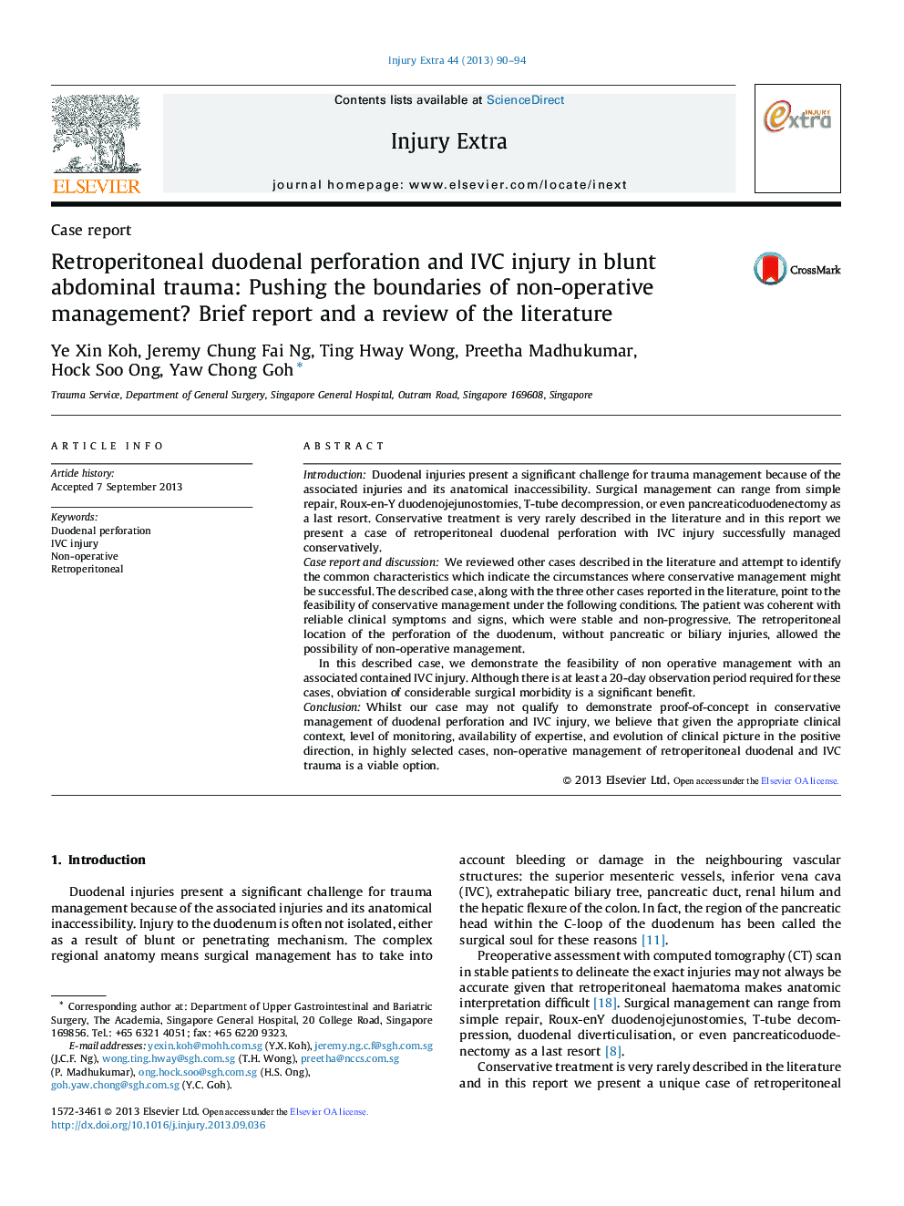 Retroperitoneal duodenal perforation and IVC injury in blunt abdominal trauma: Pushing the boundaries of non-operative management? Brief report and a review of the literature