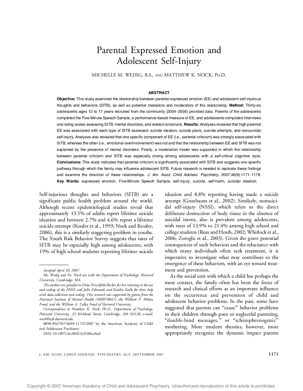 Parental Expressed Emotion and Adolescent Self-Injury 