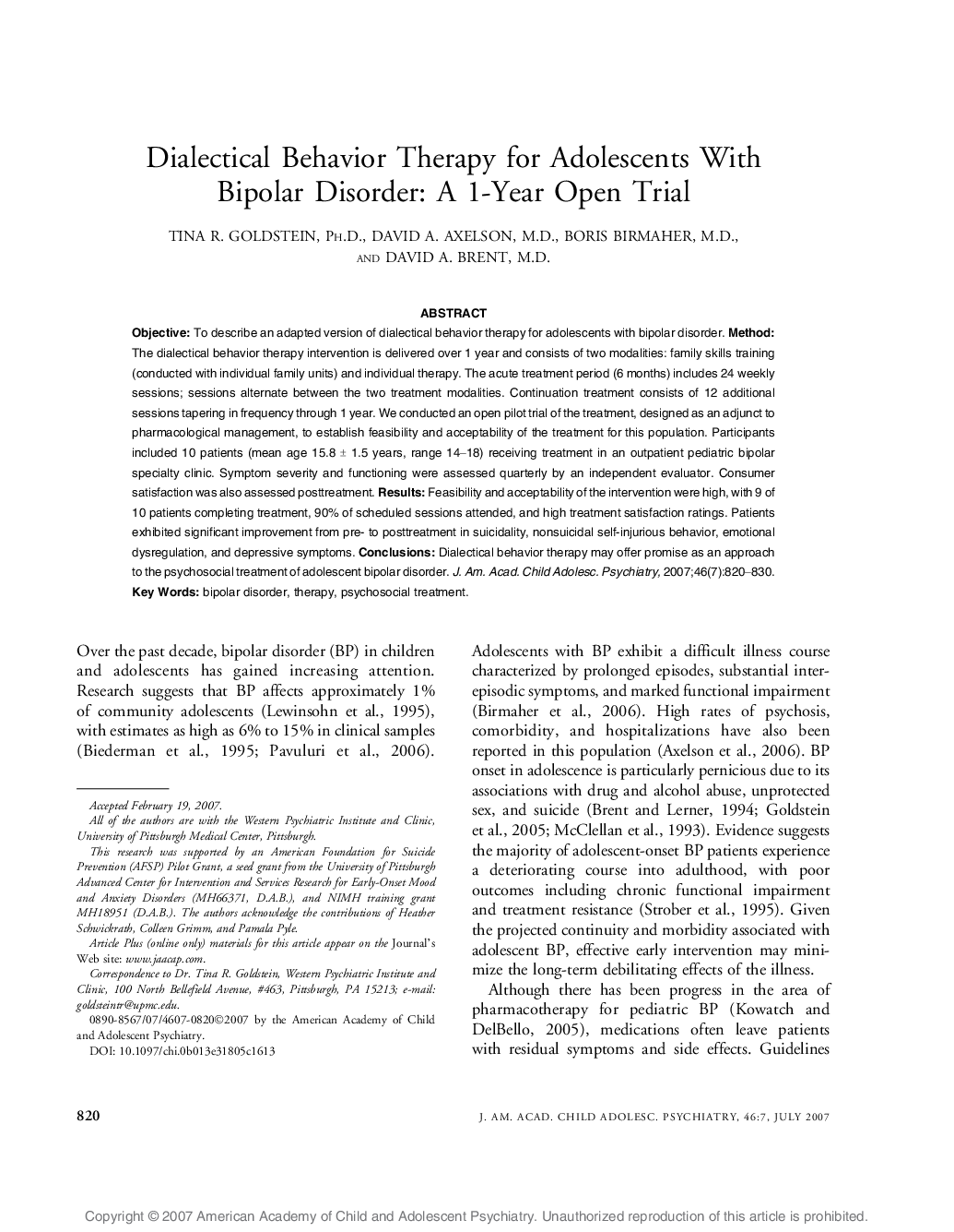 Dialectical Behavior Therapy for Adolescents With Bipolar Disorder: A 1-Year Open Trial 