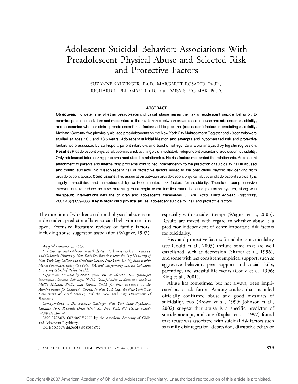 Adolescent Suicidal Behavior: Associations With Preadolescent Physical Abuse and Selected Risk and Protective Factors 