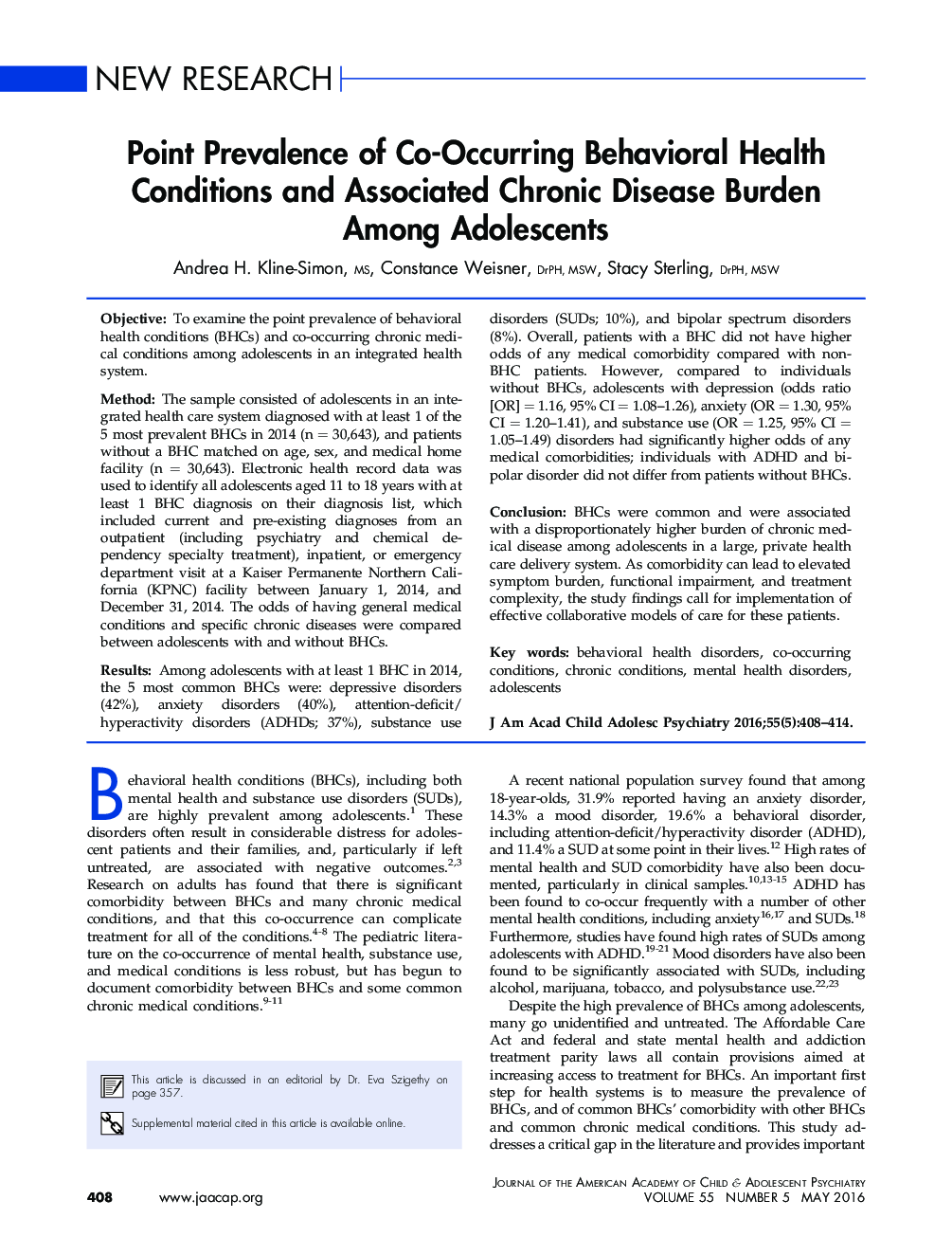 Point Prevalence of Co-Occurring Behavioral Health Conditions and Associated Chronic Disease Burden Among Adolescents 