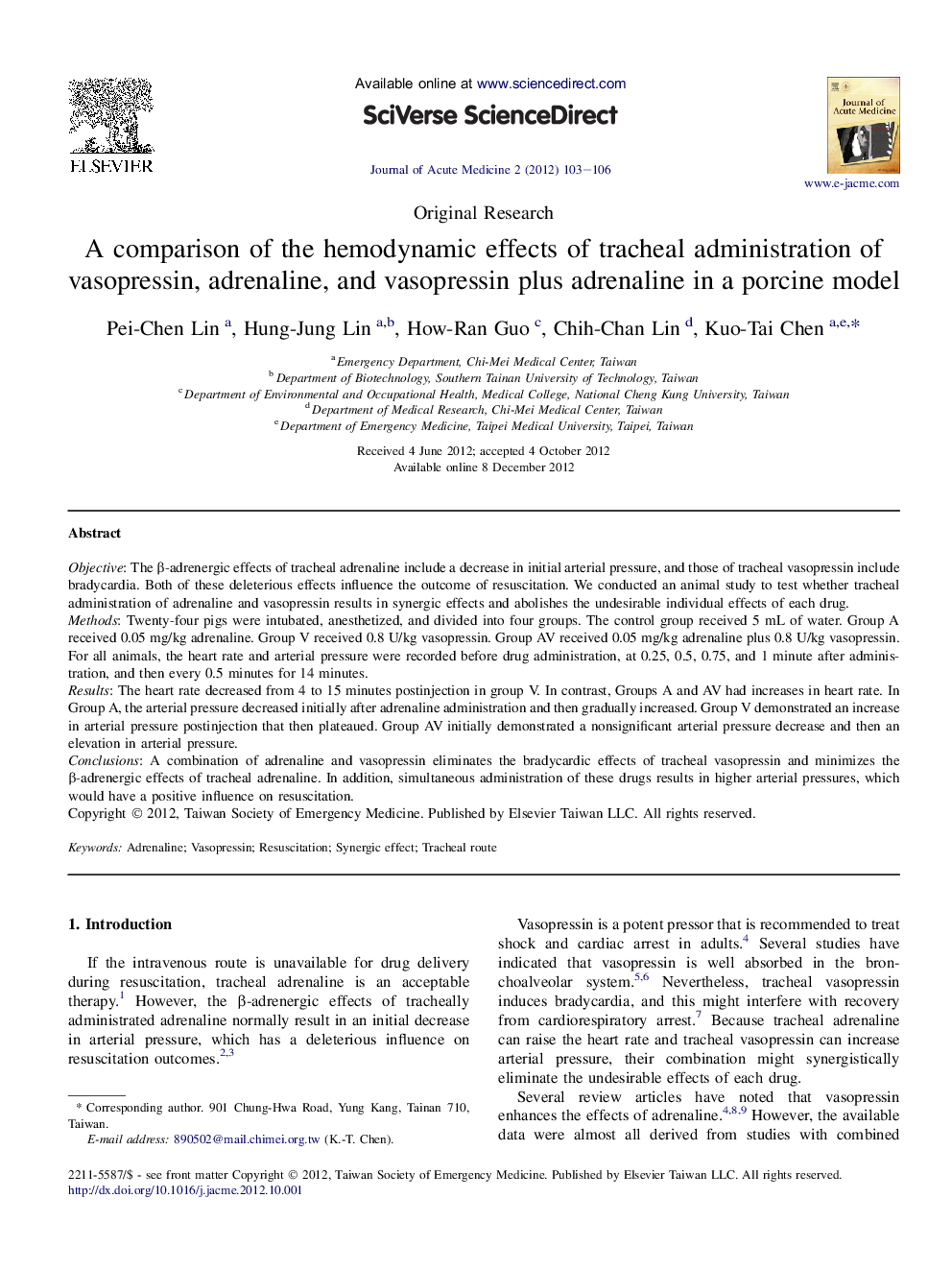 A comparison of the hemodynamic effects of tracheal administration of vasopressin, adrenaline, and vasopressin plus adrenaline in a porcine model