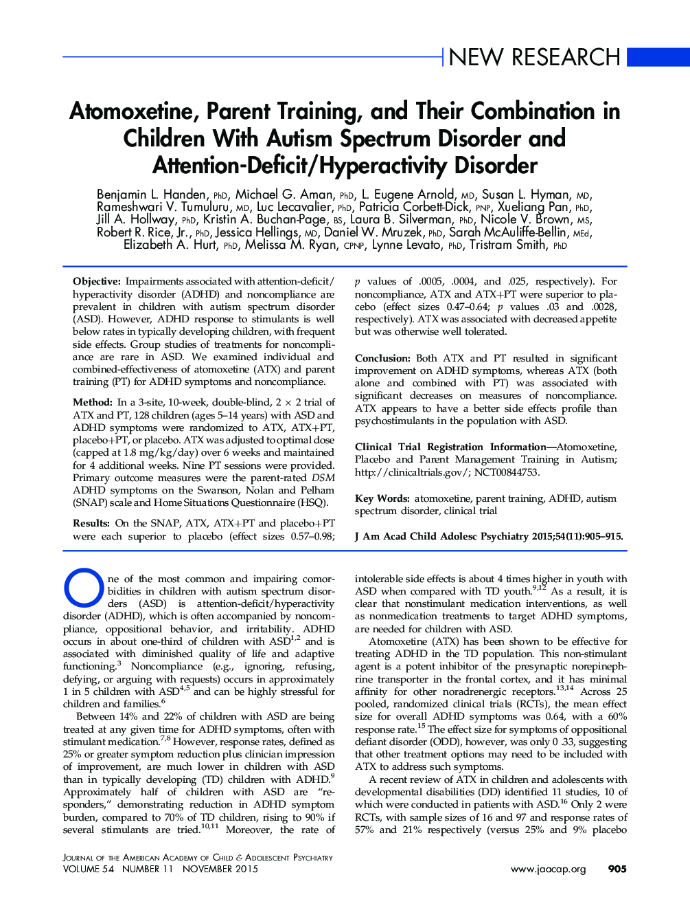 Atomoxetine, Parent Training, and Their Combination in Children With Autism Spectrum Disorder and Attention-Deficit/Hyperactivity Disorder 