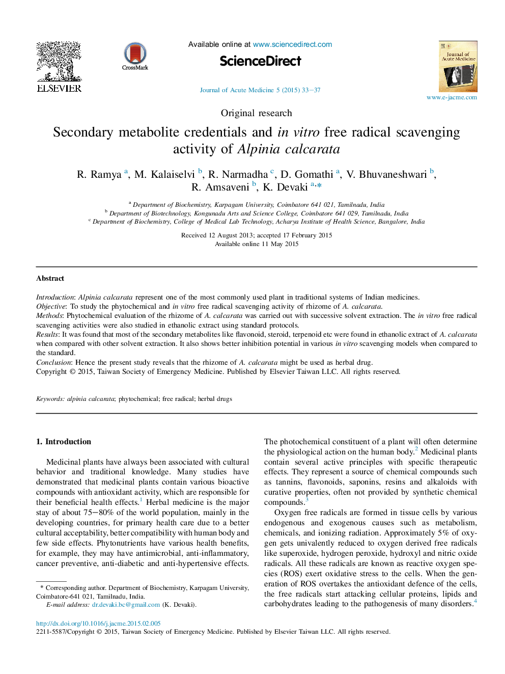 Secondary metabolite credentials and in vitro free radical scavenging activity of Alpinia calcarata