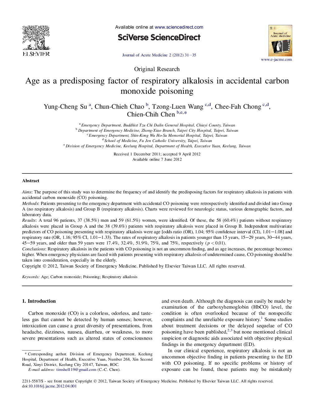 Age as a predisposing factor of respiratory alkalosis in accidental carbon monoxide poisoning