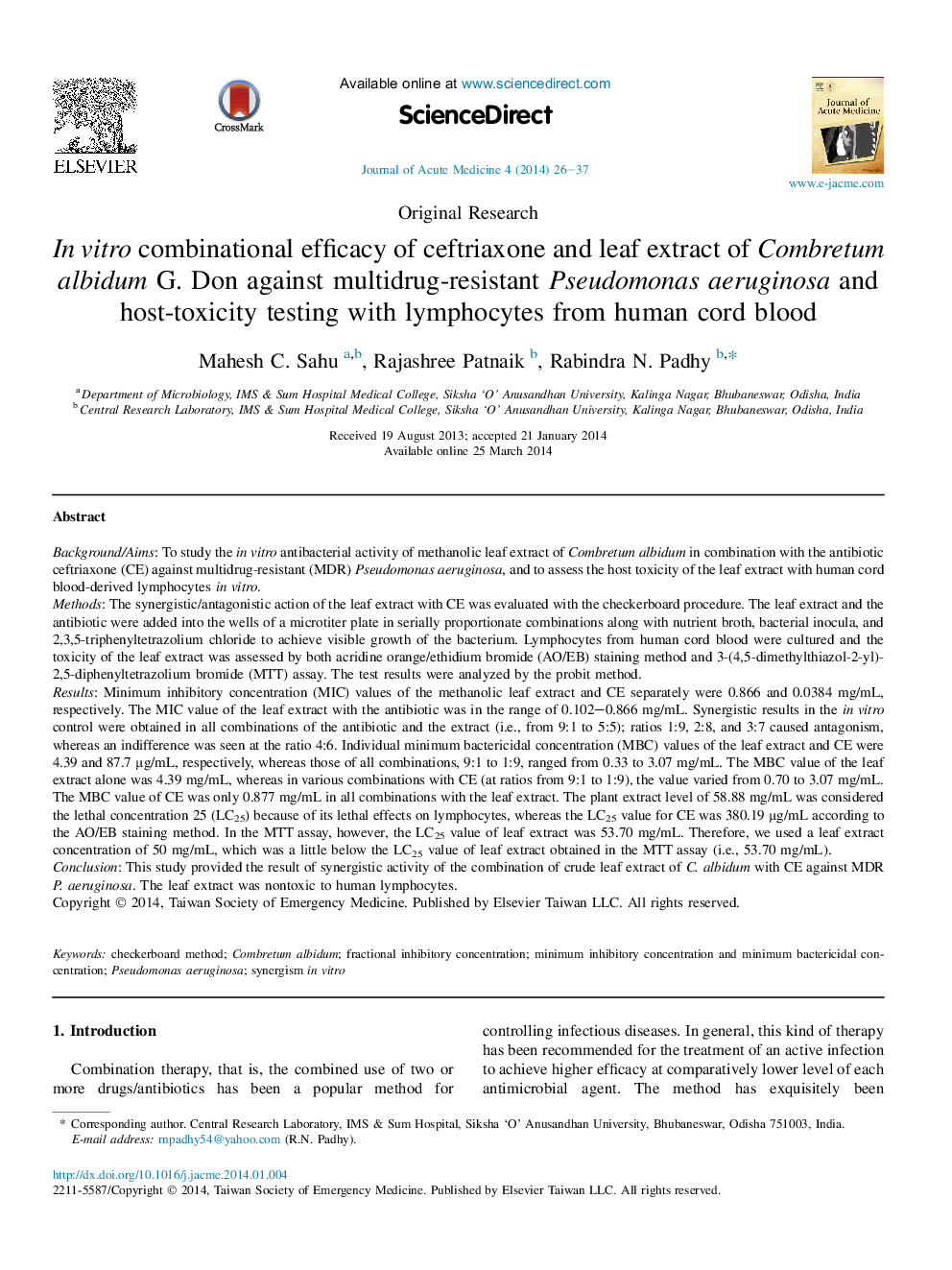 In vitro combinational efficacy of ceftriaxone and leaf extract of Combretum albidum G. Don against multidrug-resistant Pseudomonas aeruginosa and host-toxicity testing with lymphocytes from human cord blood