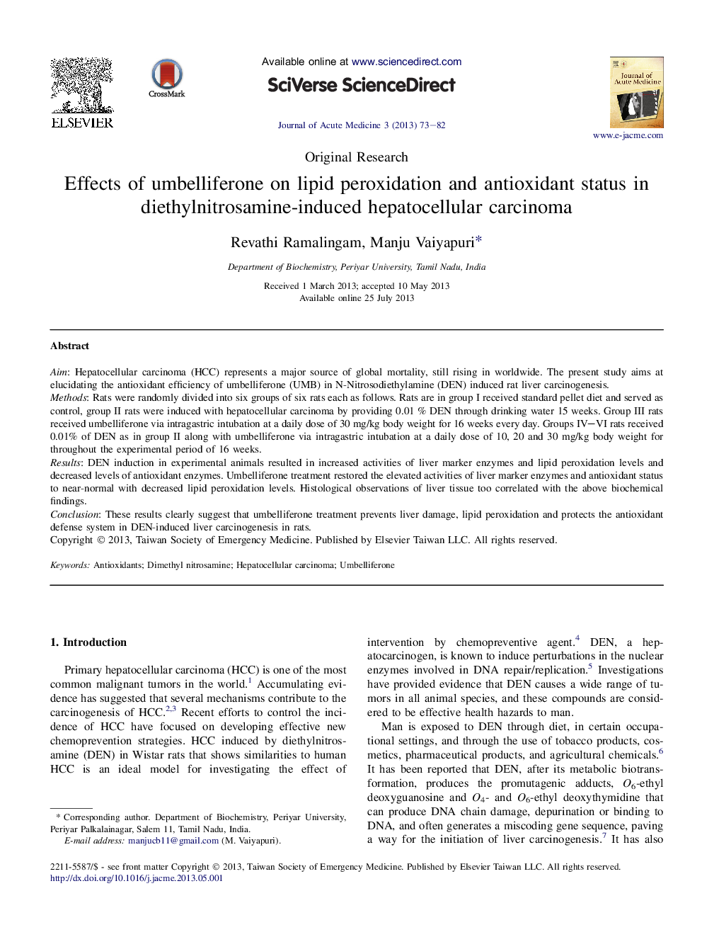 Effects of umbelliferone on lipid peroxidation and antioxidant status in diethylnitrosamine-induced hepatocellular carcinoma