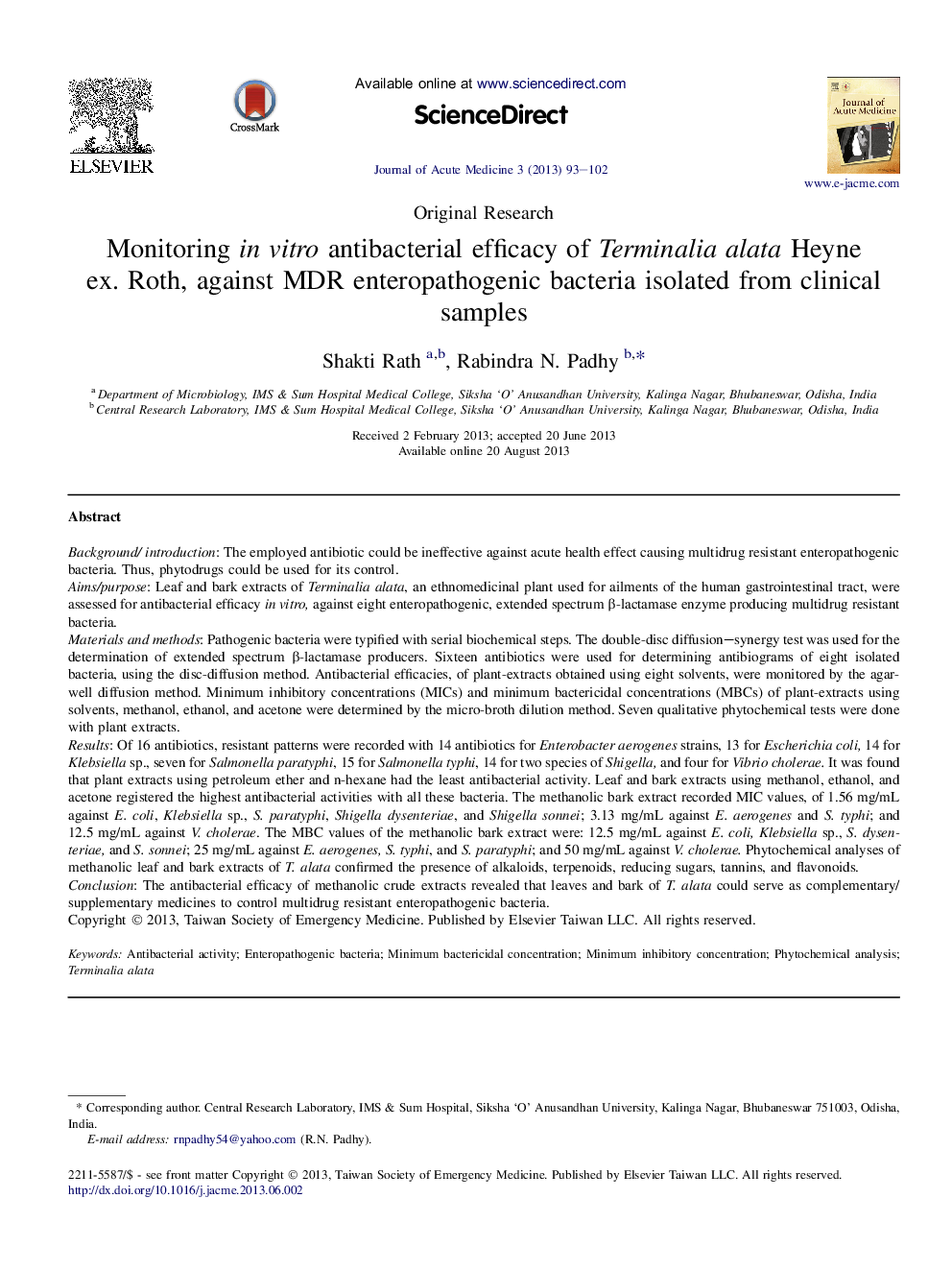 Monitoring inÂ vitro antibacterial efficacy of Terminalia alata Heyne ex.Â Roth, against MDR enteropathogenic bacteria isolated from clinical samples