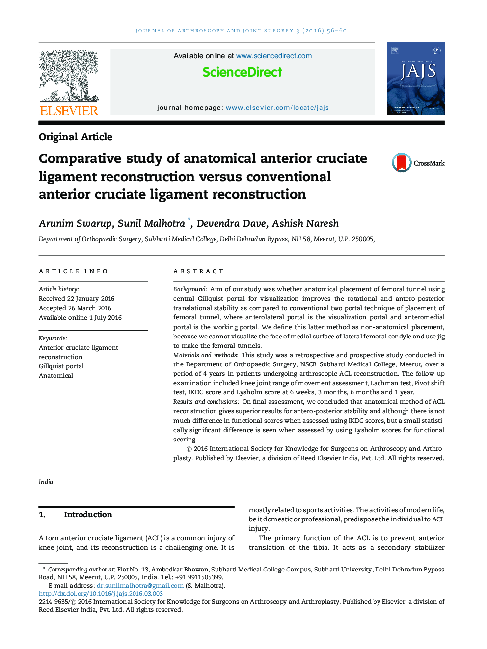 Comparative study of anatomical anterior cruciate ligament reconstruction versus conventional anterior cruciate ligament reconstruction