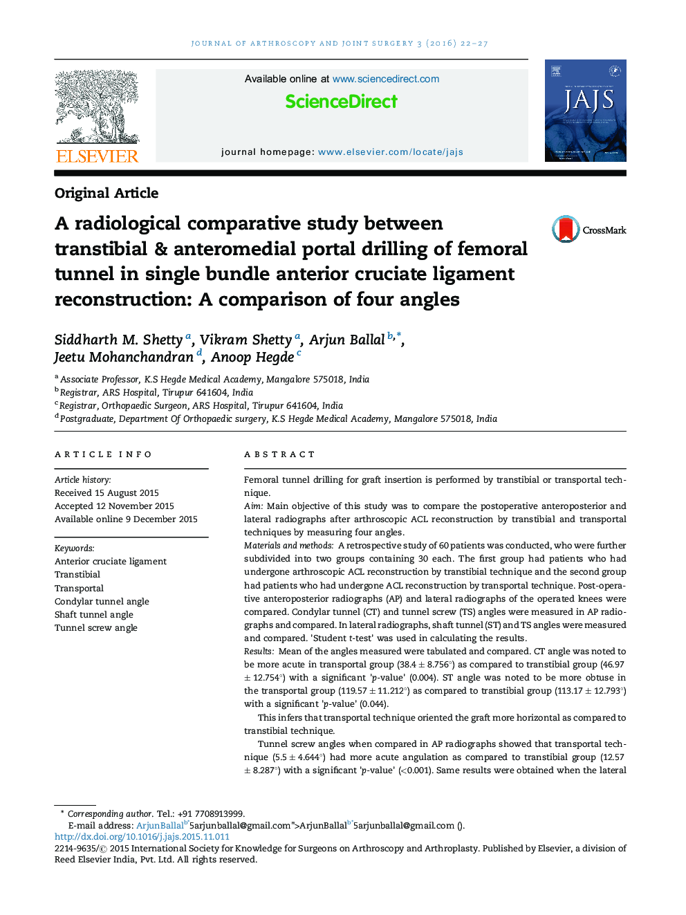 A radiological comparative study between transtibial & anteromedial portal drilling of femoral tunnel in single bundle anterior cruciate ligament reconstruction: A comparison of four angles