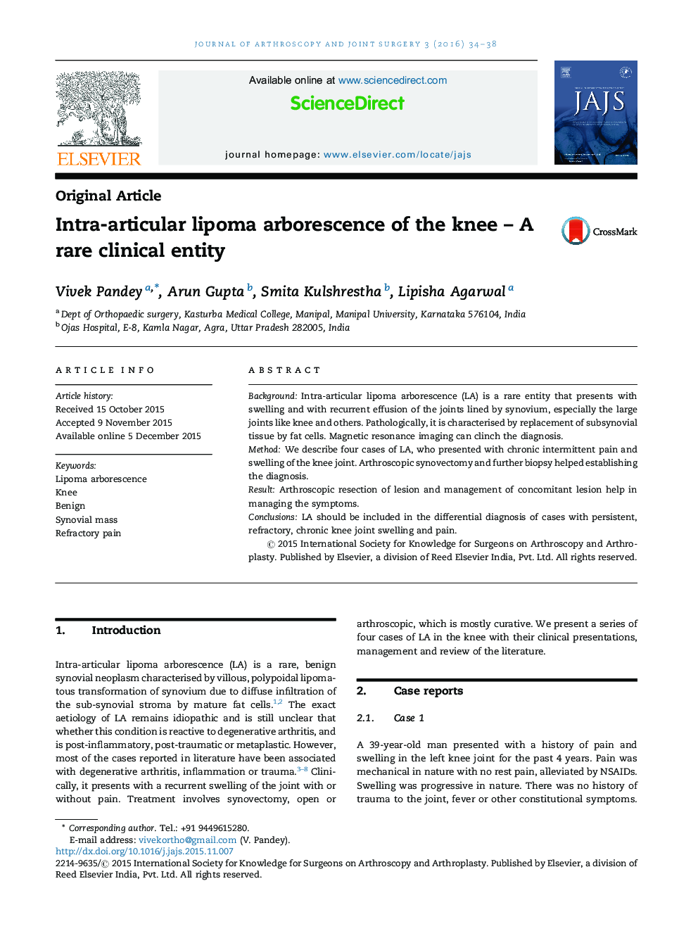 Intra-articular lipoma arborescence of the knee – A rare clinical entity