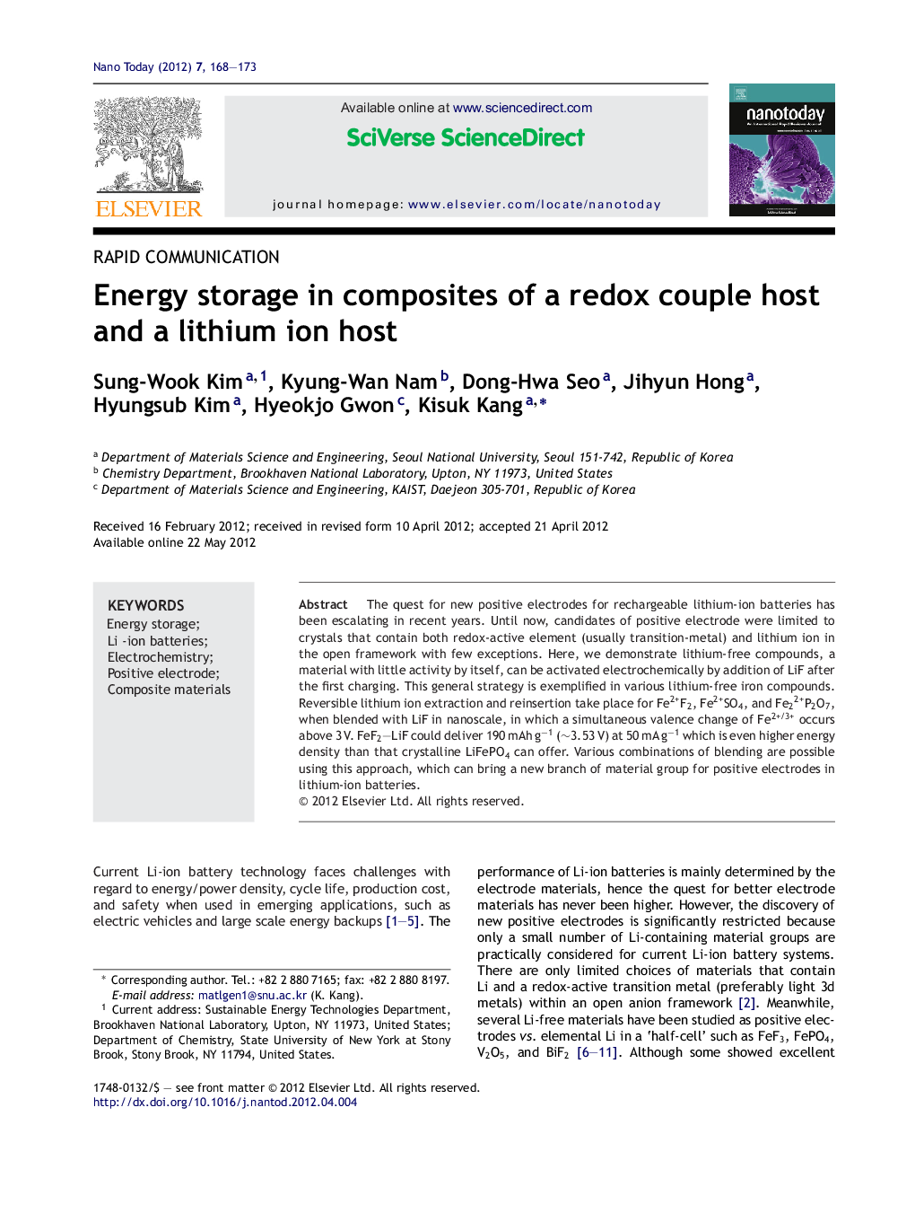 Energy storage in composites of a redox couple host and a lithium ion host