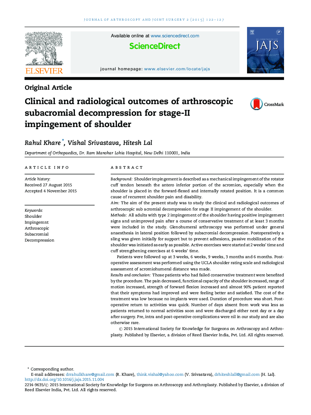 Clinical and radiological outcomes of arthroscopic subacromial decompression for stage-II impingement of shoulder