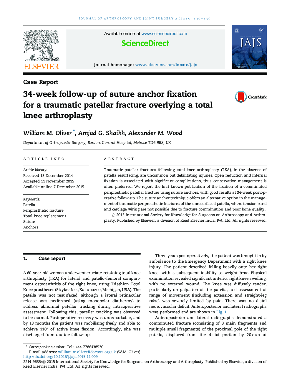 34-week follow-up of suture anchor fixation for a traumatic patellar fracture overlying a total knee arthroplasty