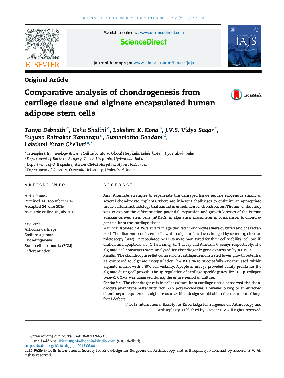 Comparative analysis of chondrogenesis from cartilage tissue and alginate encapsulated human adipose stem cells