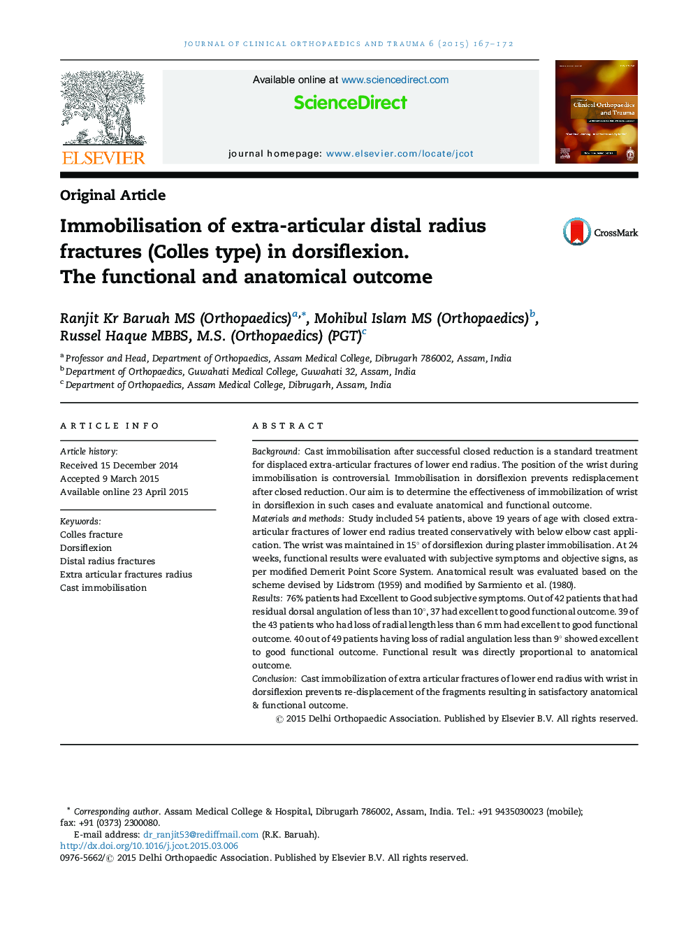 Immobilisation of extra-articular distal radius fractures (Colles type) in dorsiflexion. The functional and anatomical outcome
