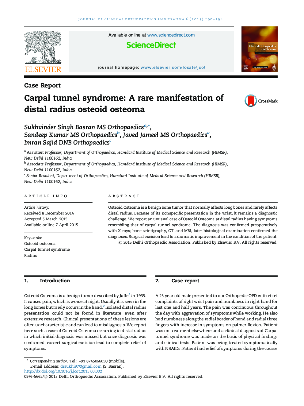 Carpal tunnel syndrome: A rare manifestation of distal radius osteoid osteoma