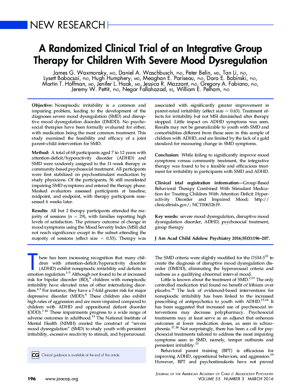 A Randomized Clinical Trial of an Integrative Group Therapy for Children With Severe Mood Dysregulation 