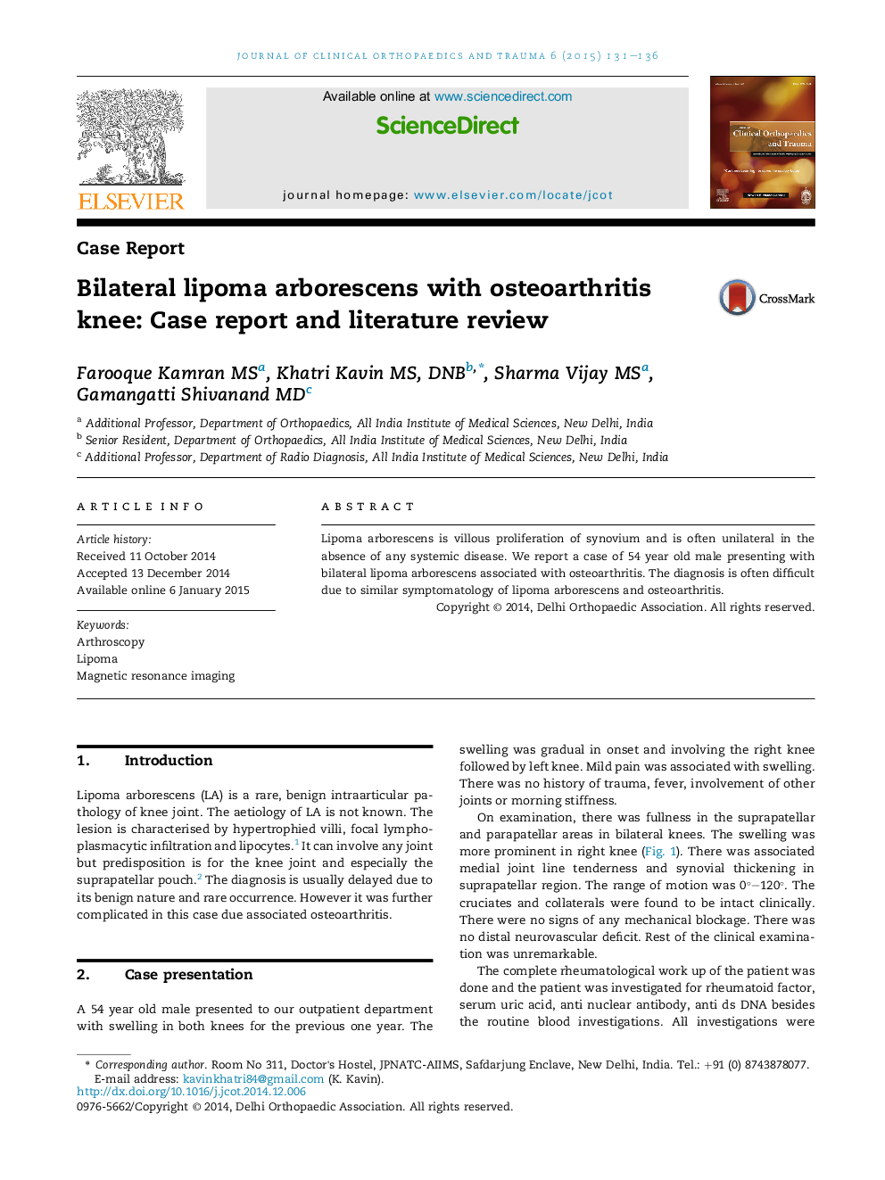 Bilateral lipoma arborescens with osteoarthritis knee: Case report and literature review