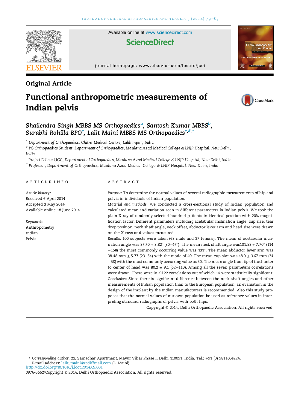 Functional anthropometric measurements of Indian pelvis