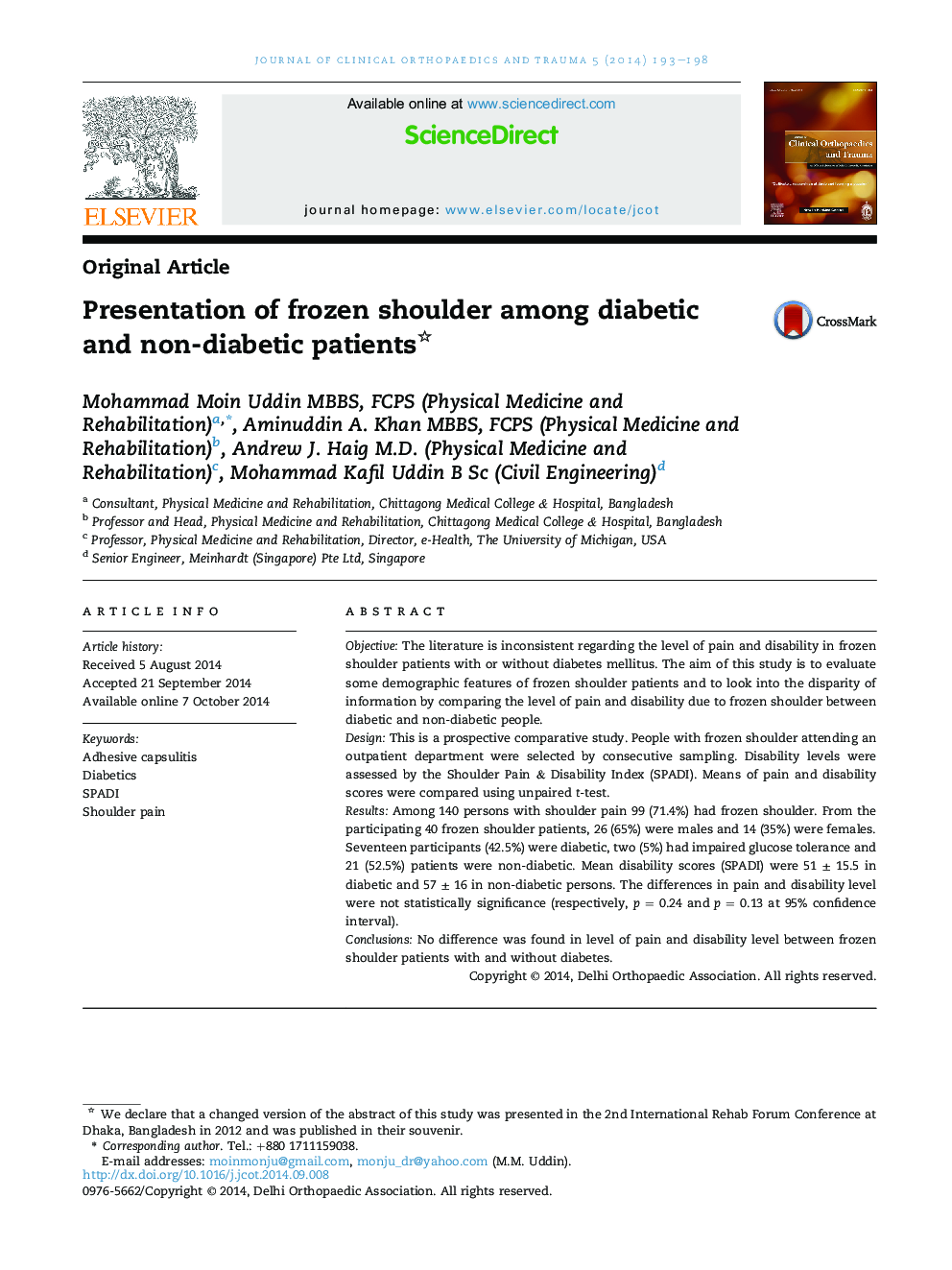 Presentation of frozen shoulder among diabetic and non-diabetic patients 