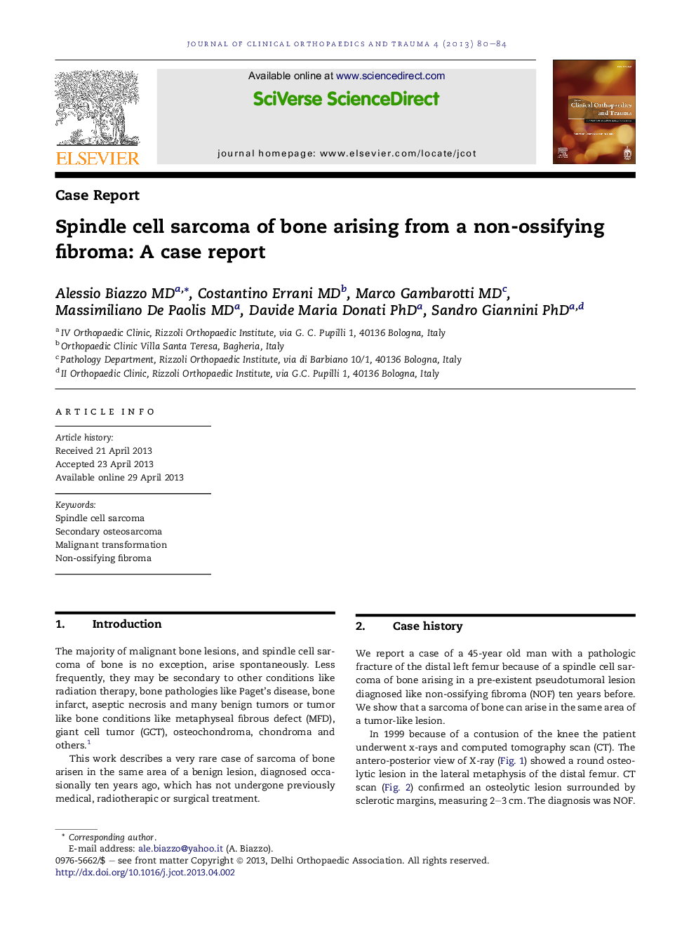 Spindle cell sarcoma of bone arising from a non-ossifying fibroma: A case report