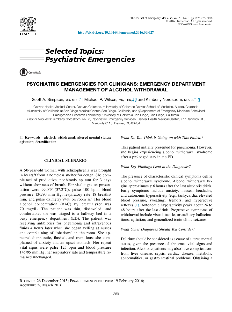 Psychiatric Emergencies for Clinicians: Emergency Department Management of Alcohol Withdrawal