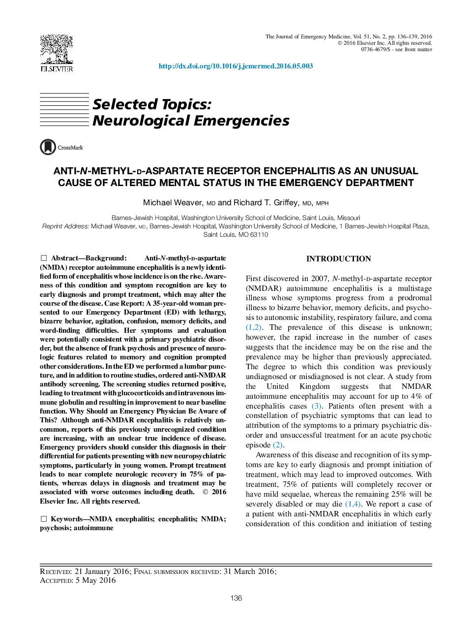  آنسفالیت گیرنده آسپارتات ضد-N-متیل D به عنوان یک علت غیرمعمول از وضعیت ذهنی تغییریافته در بخش اورژانس