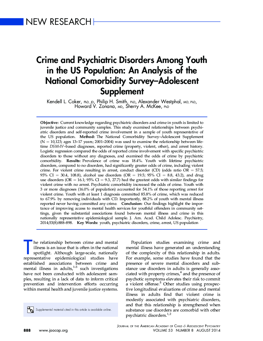 جرایم و اختلالات روانپزشکی در میان جوانان در ایالات متحده جمعیت: تجزیه و تحلیل ملاحظات جمعیت ملی- نوجوانان 