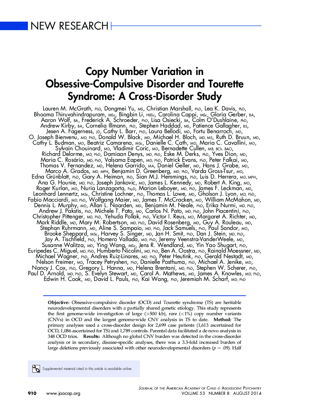 Copy Number Variation in Obsessive-Compulsive Disorder and Tourette Syndrome: A Cross-Disorder Study 