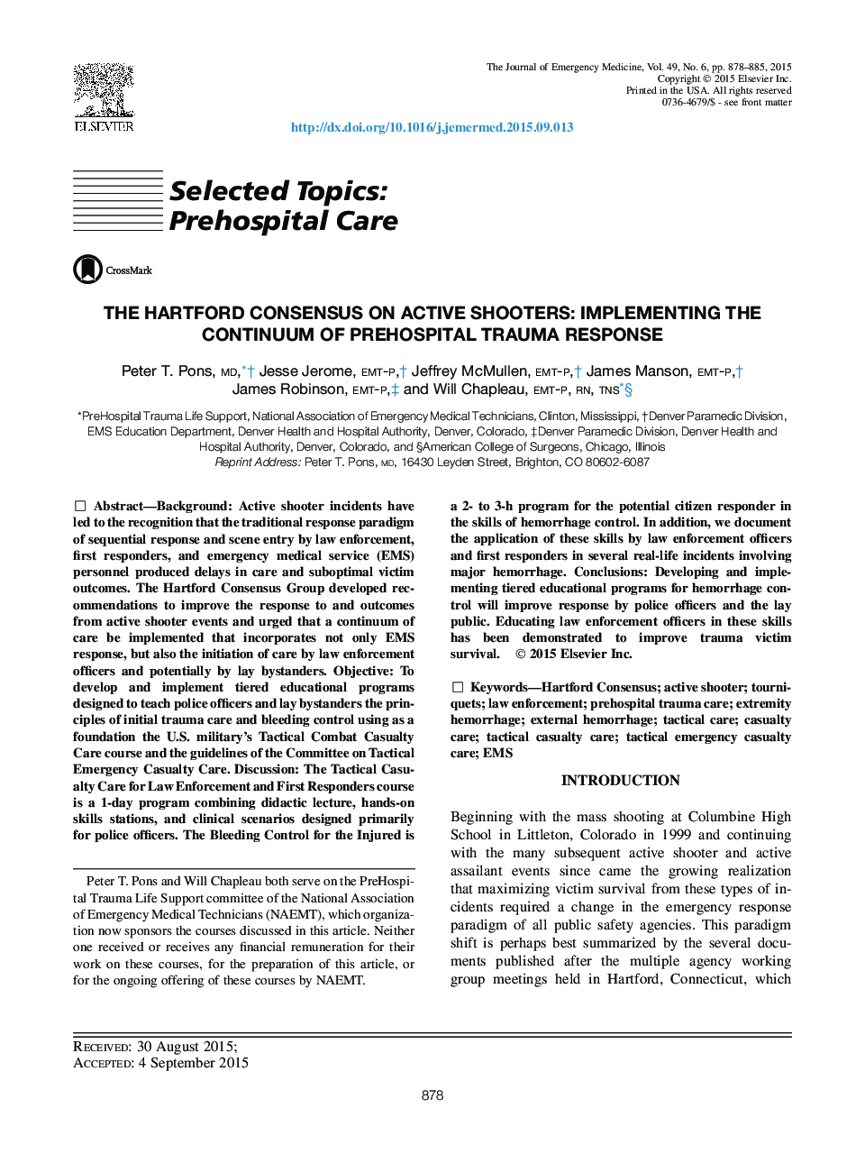 The Hartford Consensus on Active Shooters: Implementing the Continuum of Prehospital Trauma Response 