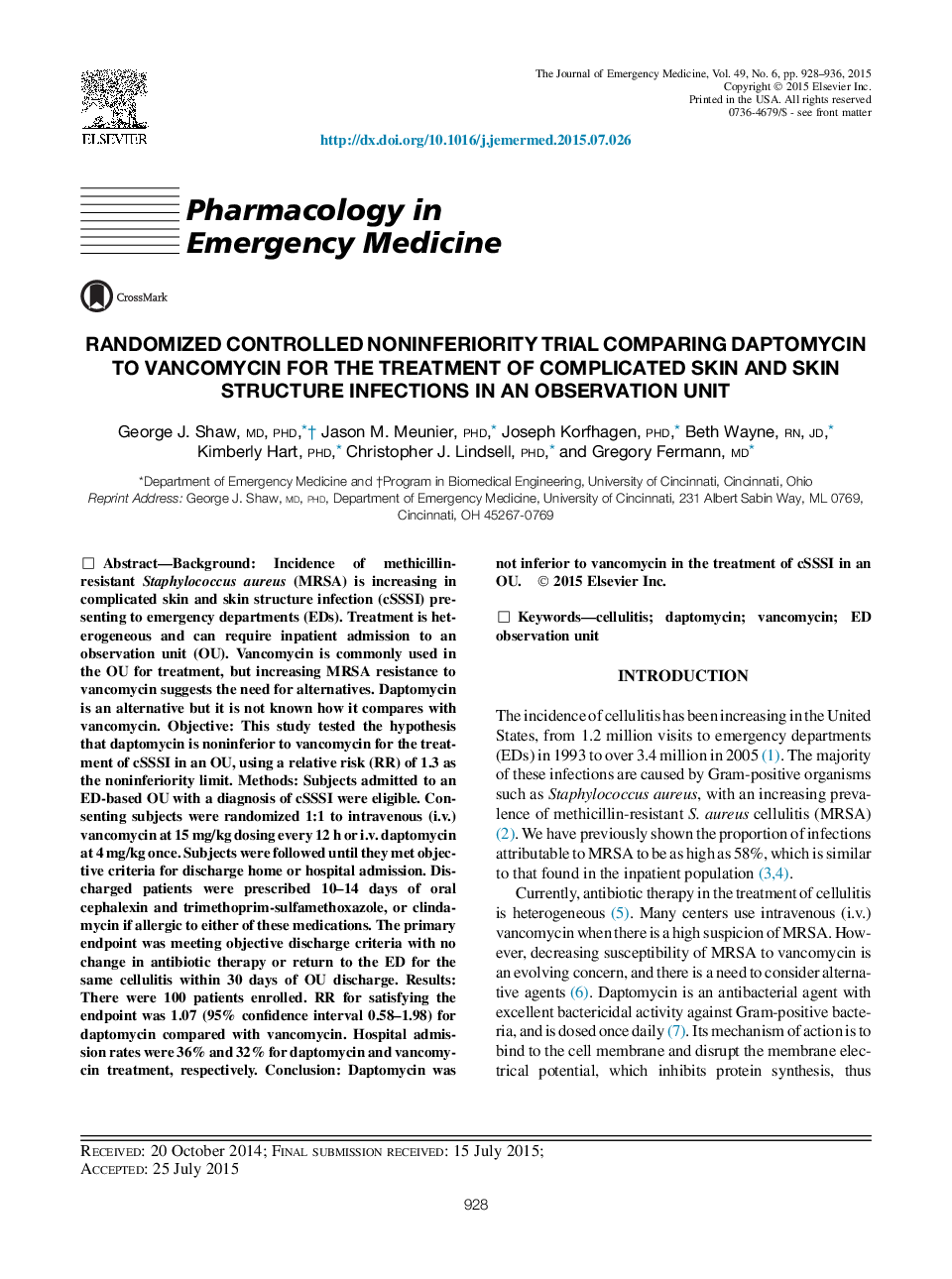 بررسی مقایسه ای از دوپتومایسین با وانکومایسین برای درمان عفونت های پوستی و پوستی در یک واحد نظارت 