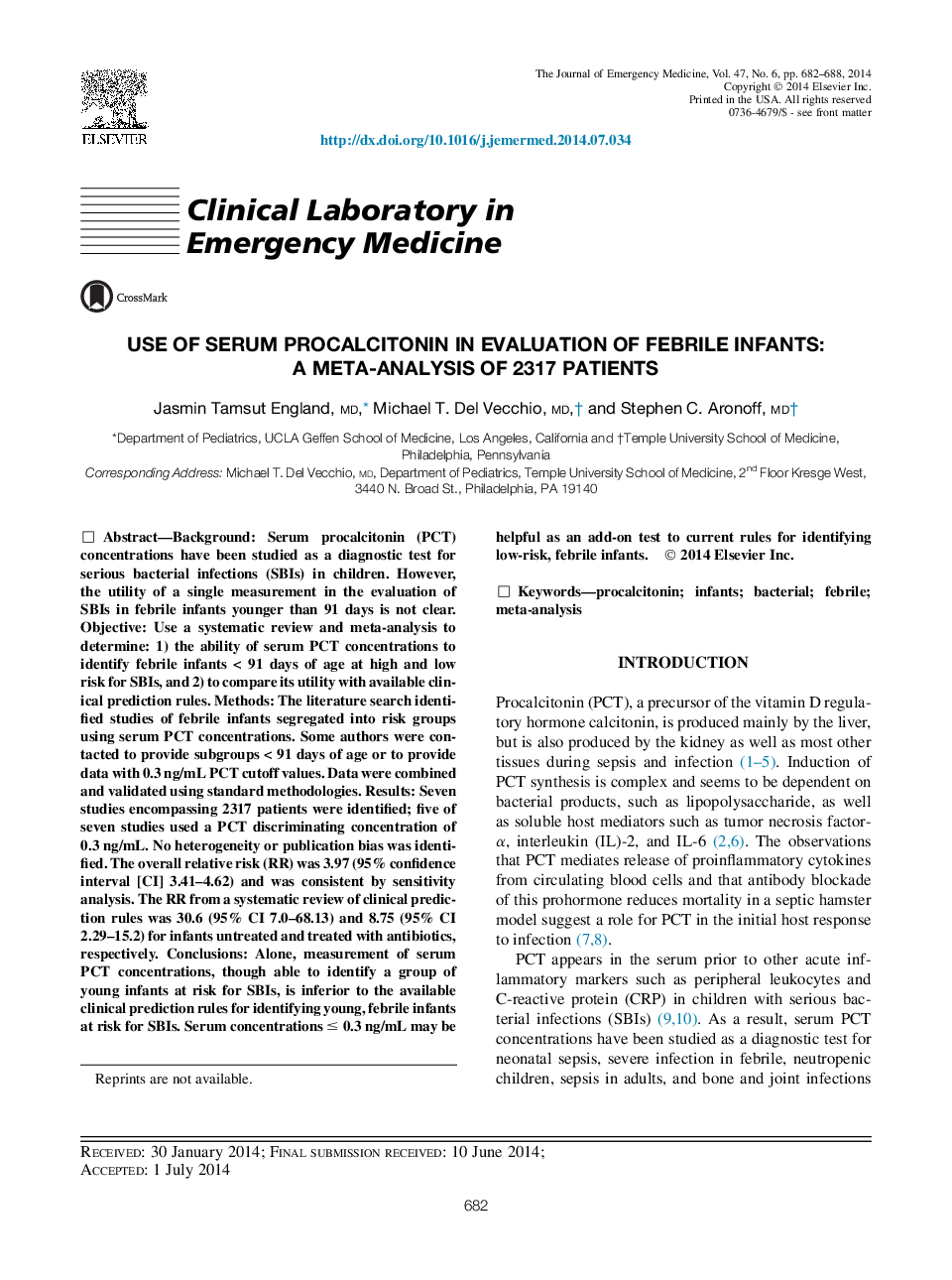 Use of Serum Procalcitonin in Evaluation of Febrile Infants: A Meta-analysis of 2317 Patients 